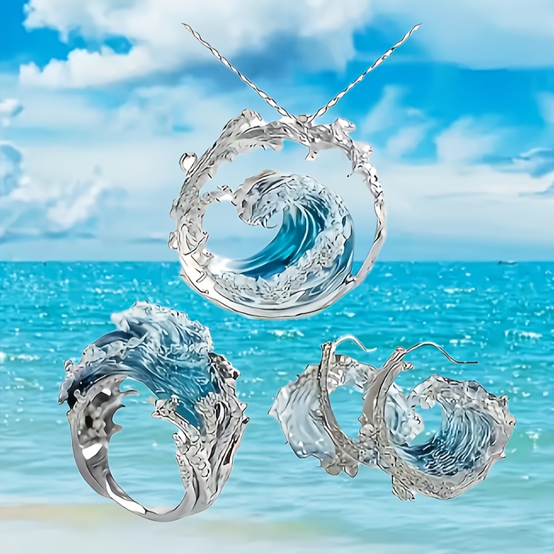 TEMU Set Of 3 Bohemian-inspired For Women - A Stylish Blue Wave Necklace Accompanied By Stud Earrings And Rings, With Golden Accents
