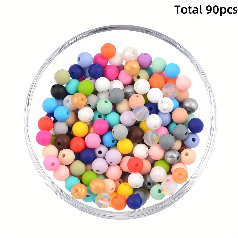 E-shop 90-teiliges Silikonperlen-Set: 9mm/12mm/15mm Runde Mehrfarbige Schlüsselanhänger DIY Halsketten-Armband Schmuckherstellungsset für Basteln und