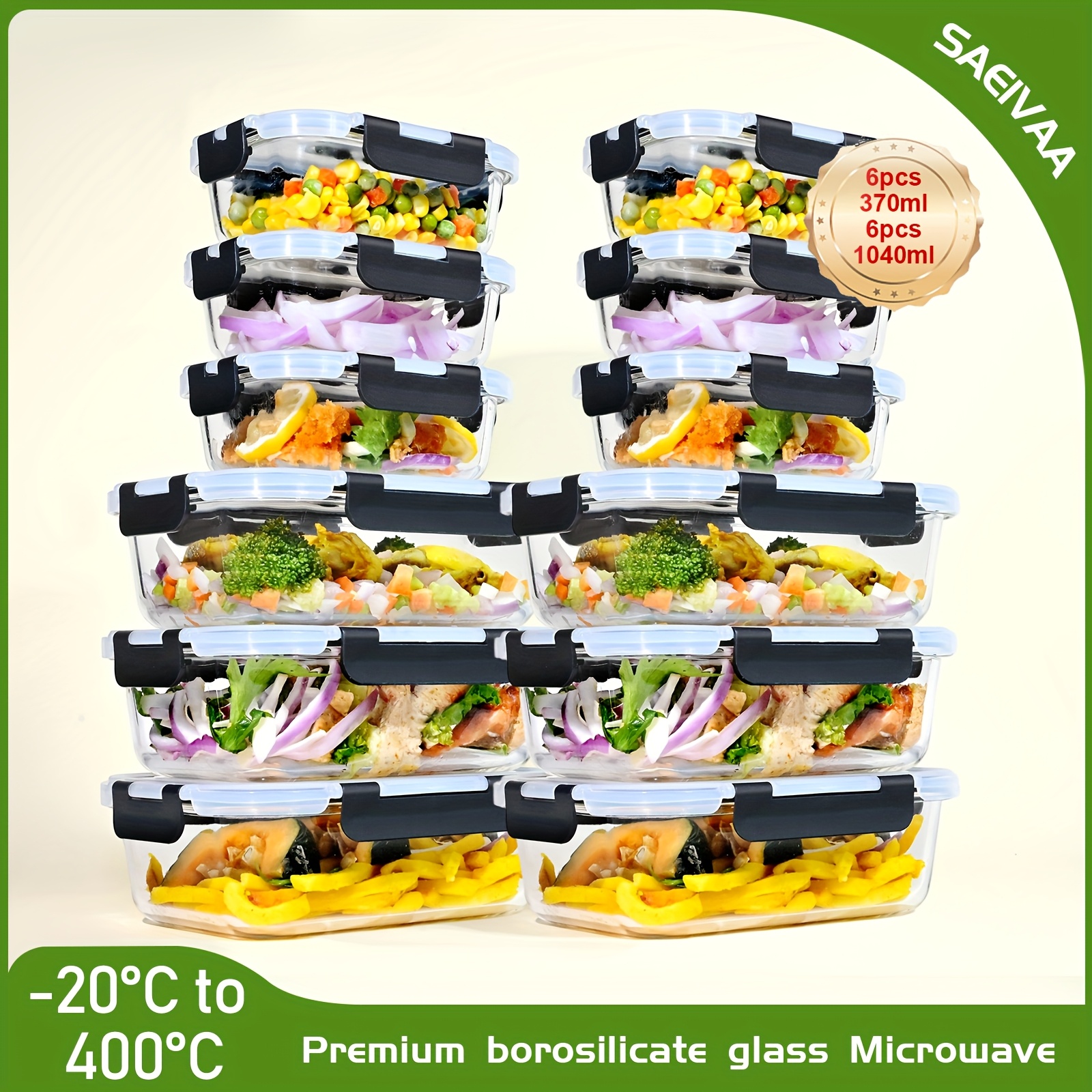 TEMU Saeiv 6 6pcs Glass Food Storage Containers, Glass Bento Box, Meal Prep Containers, Glass Lunch Box Set, Glass Storage Containers With Airtight