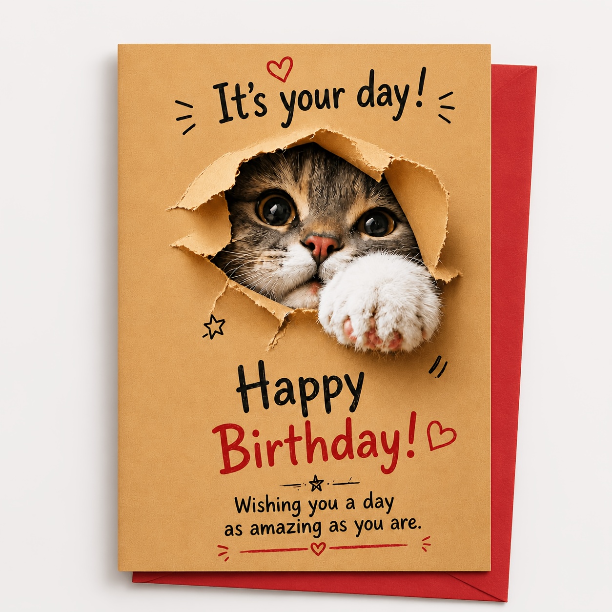 TEMU 1pc Fun Tearing Paper Kitten Happy Birthday Card Paper Foldable Card With Red Envelope Birthday Message Card For Best Friend Cat Lovers