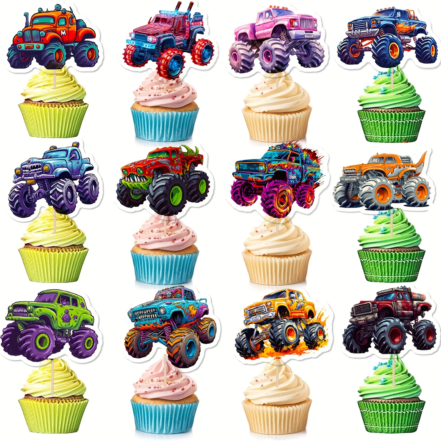 Image of 24 Pcs Monster Truck Cupcake Toppers Truck Car Theme Birthday Party Decorations Racing Car Theme Birthday Decoration For Baby Shower Cake Decorations Party Supplies