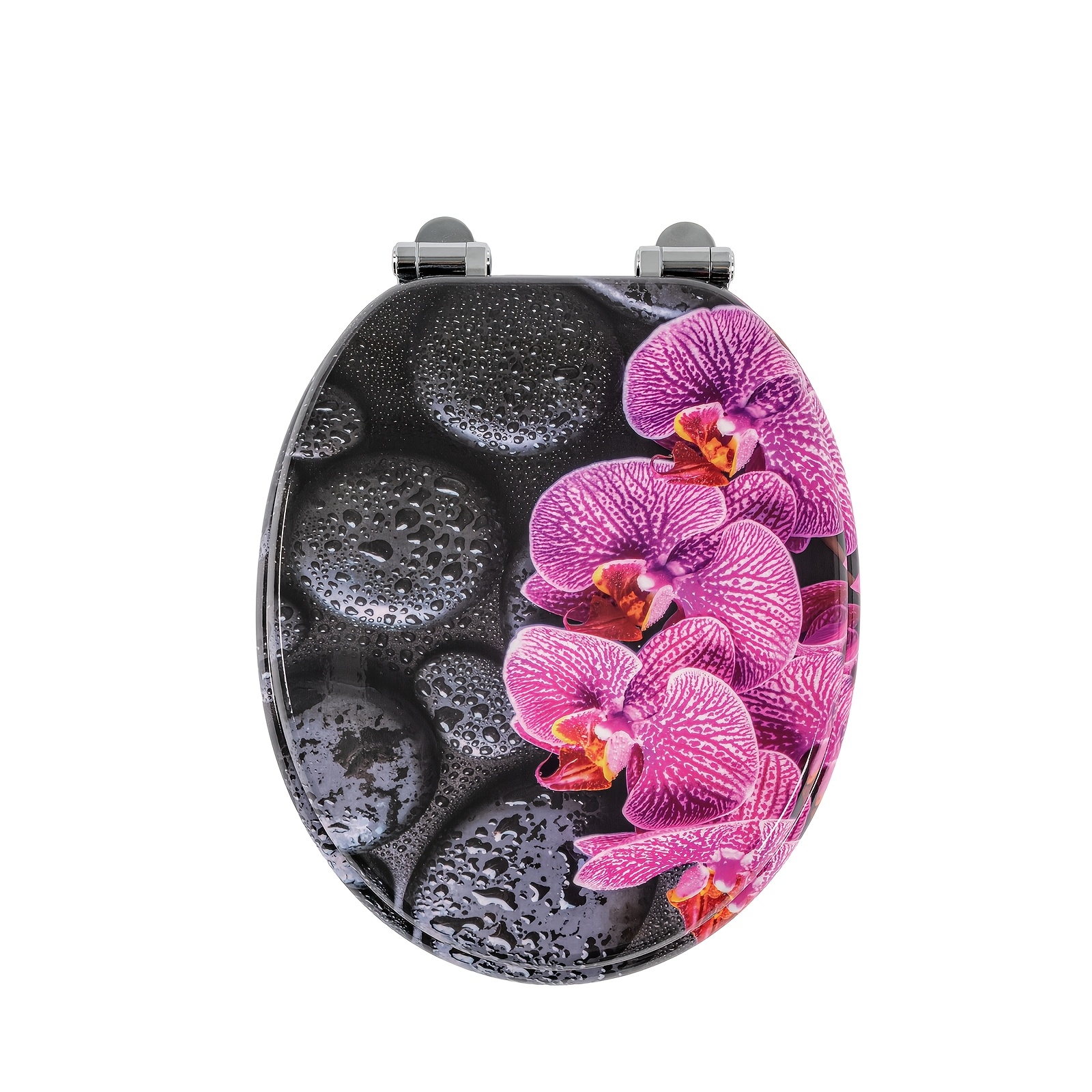 Image of Premium Sainos Toilet Seat Features A Mechanism And An Mdf ; Oval Design With A Stone-and-flower Pattern, Measuring 43.5 X X 5 Cm; Mounting Hardware Included