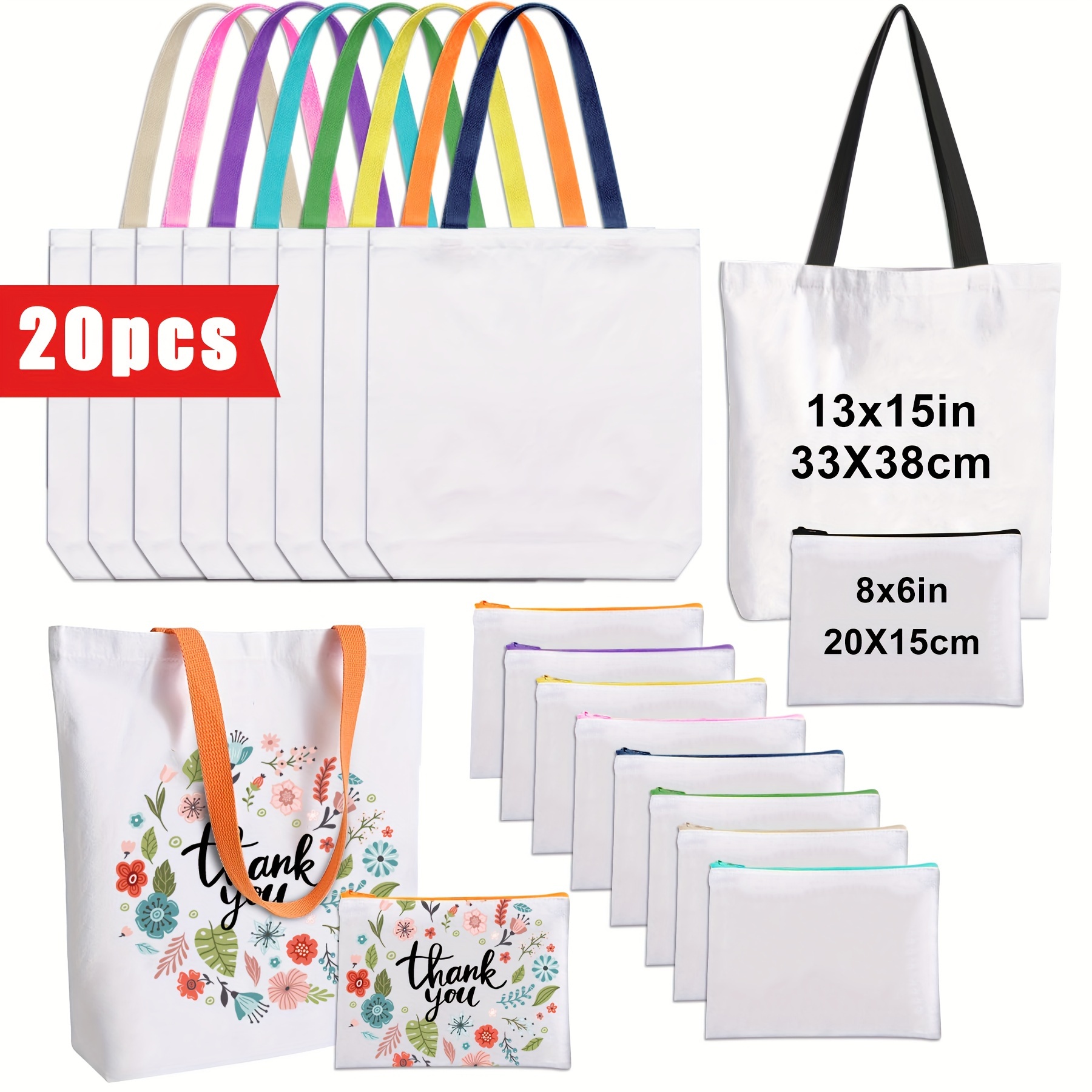 

Coglljea Sublimation Tote Bag 20-pack, Blank Canvas Grocery Bags With Colorful Handles, Reusable Diy Heat Transfer Craft Canvas , Plain Makeup Bags For Customization, Shopping, And Promotion