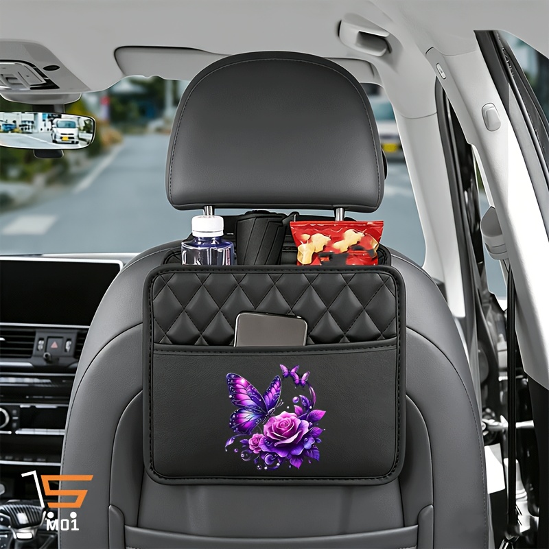 TEMU 1pc Purple With Roses Pattern Print Car Seat Back Hanging Storage Bag Rear Seat Storage Pouch Pu Leather Organizer Perfect For Storing Trash