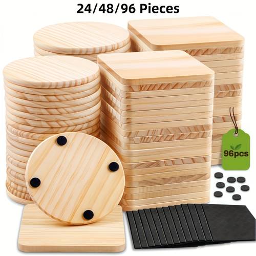 24 48 96pieces unfinished wood coaster blanks 4 inch with non slip foam stickers diy craft supplies for painting engraving burning decor ideal handmade gifts home decor for christmas halloween easter mothers day craft gift