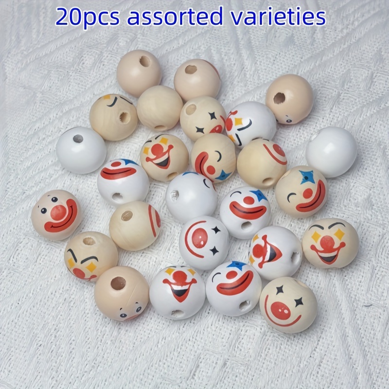 Image of 20pcs, 20mm Random Style Clown Face Wooden Beads Perfect For Jewelry And Home Decor