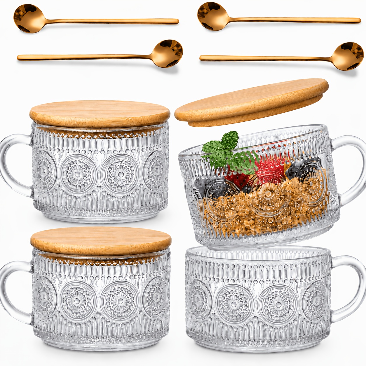 TEMU 4pcs 450ml/15.2oz Retro Coffee Cups With Spoon Included - Overnight Oats Container, Transparent Embossed Glass Cups, Adorable Coffee Bar