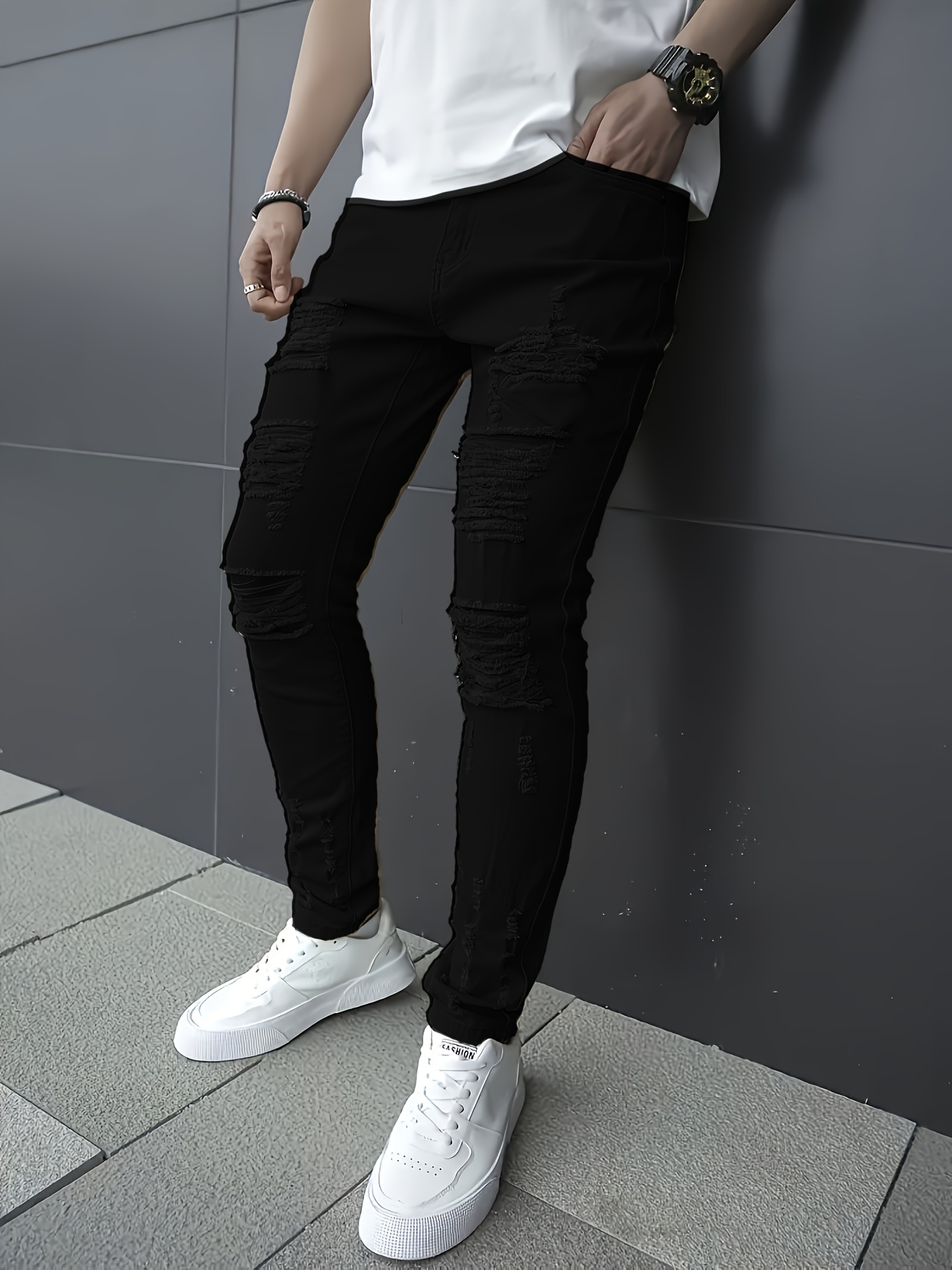 Plus Size Men's Ripped Solid Denim Trousers With Pockets, Causal Cotton Blend Slim-fit Jeans For Outdoor Activities
