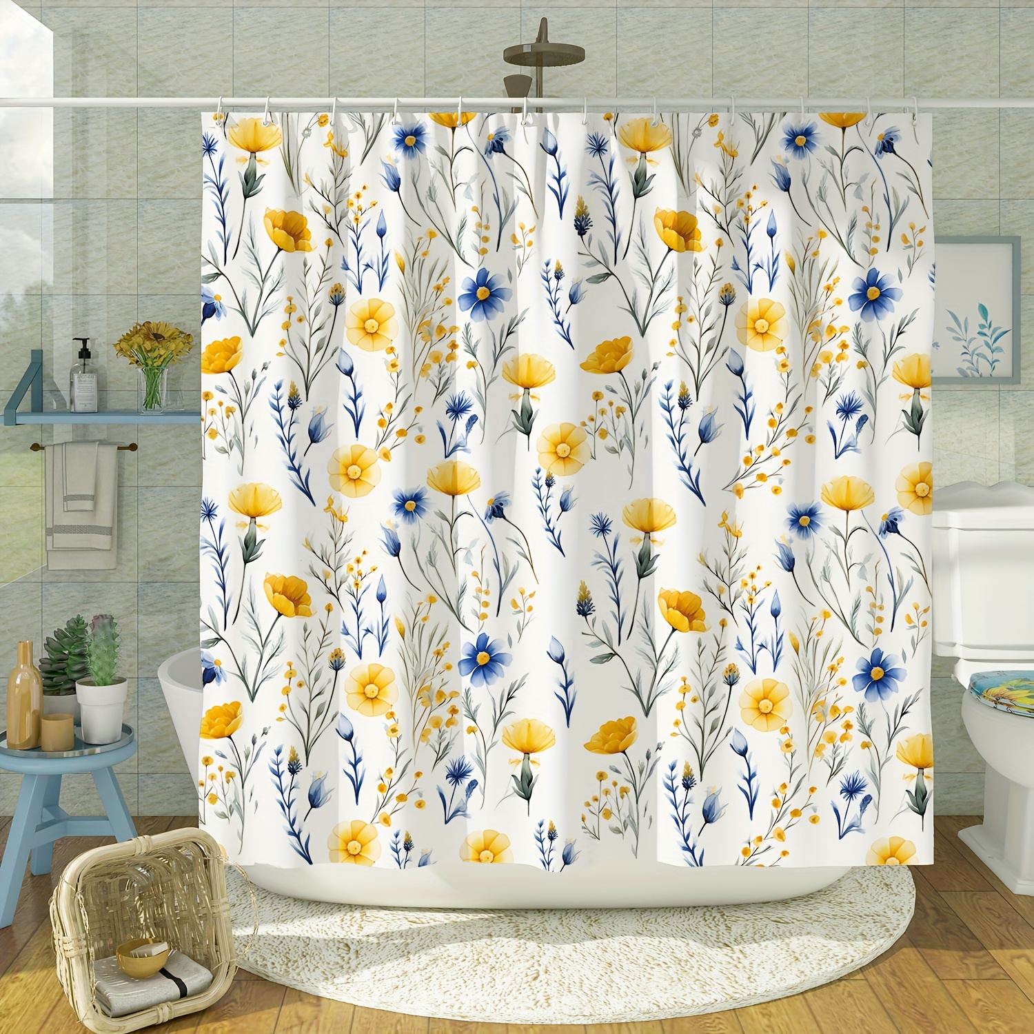 Blue and yellow shower curtain discount