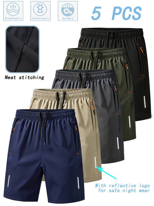 5pcs athletic shorts quick dry workout gym shorts with zipper pockets reflective strips lightweight breathable running shorts for casual activewear for sports hiking daily wear teenagers outdoor for teenager