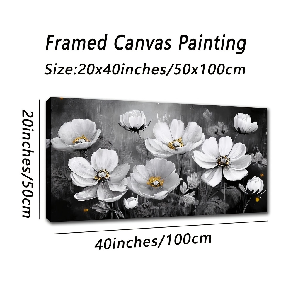 TEMU 2d Flat, 2d Flat, Large Framed Canvas Painting With Easy Colored Flowers, Featuring White , Suitable For Decorating Dining Rooms, Bedrooms,