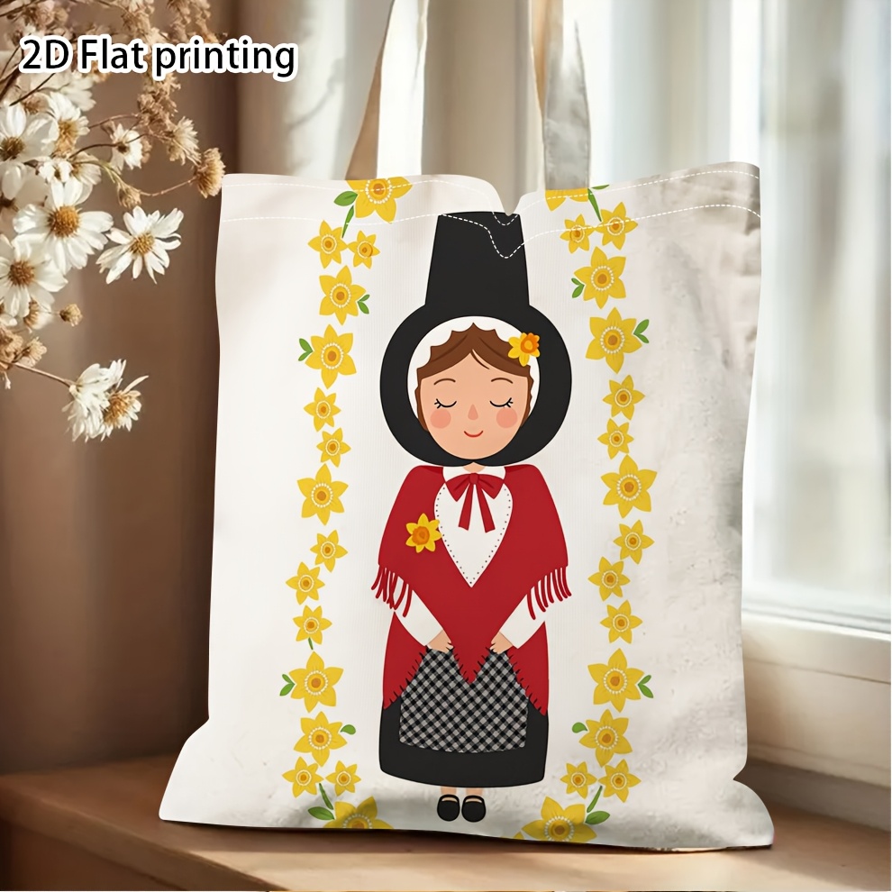 TEMU 2d Flat, Cute Welsh Traditional Costume Yellow Daffodil Floral Frame Tote Bag Print Reusable Shoulder Handbag Gift