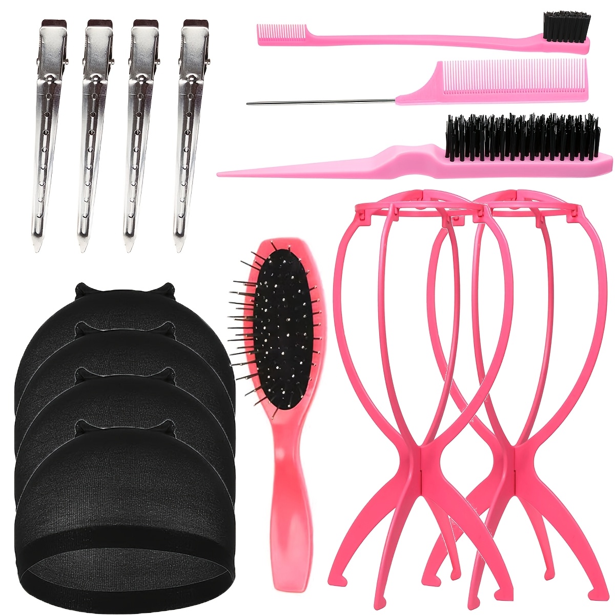 TEMU 14pcs Of Wig Tools, 4pcs Of Hair Pressing Caps +4 Combs +2 Wig Stands +4 Silvery Duckbill Clips, Suitable For All Wigs
