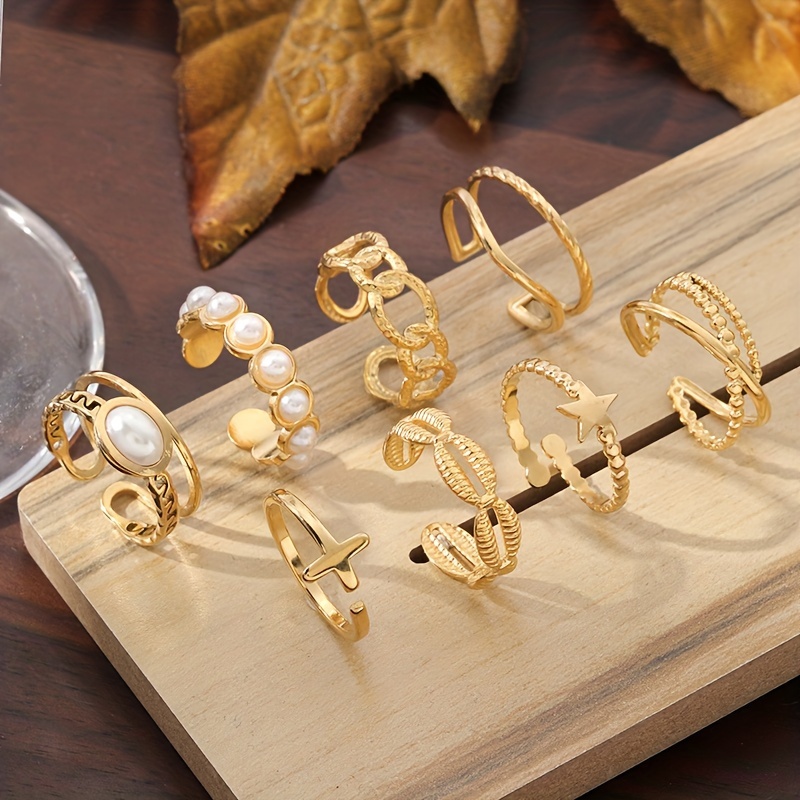 

8-piece Chic Adjustable Stainless Steel Ring Set With Star & - Perfect For Everyday Wear Or Gifting