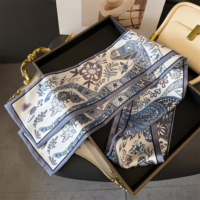 TEMU 1pc Women's Bohemian Vintage Floral Horse Double-layer Printed Satin Scarf, Tassel, Elegant Narrow Ladies Neck Scarf, Lightweight Headband And