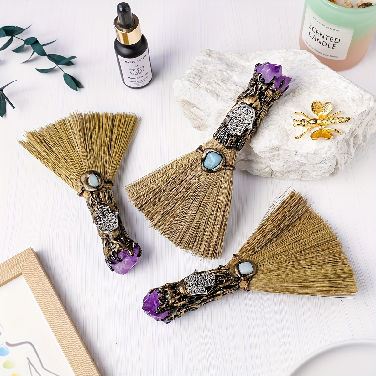 

1pc Natural Amethyst Flower Broom Halloween Magic Handcrafted Diy Decoration