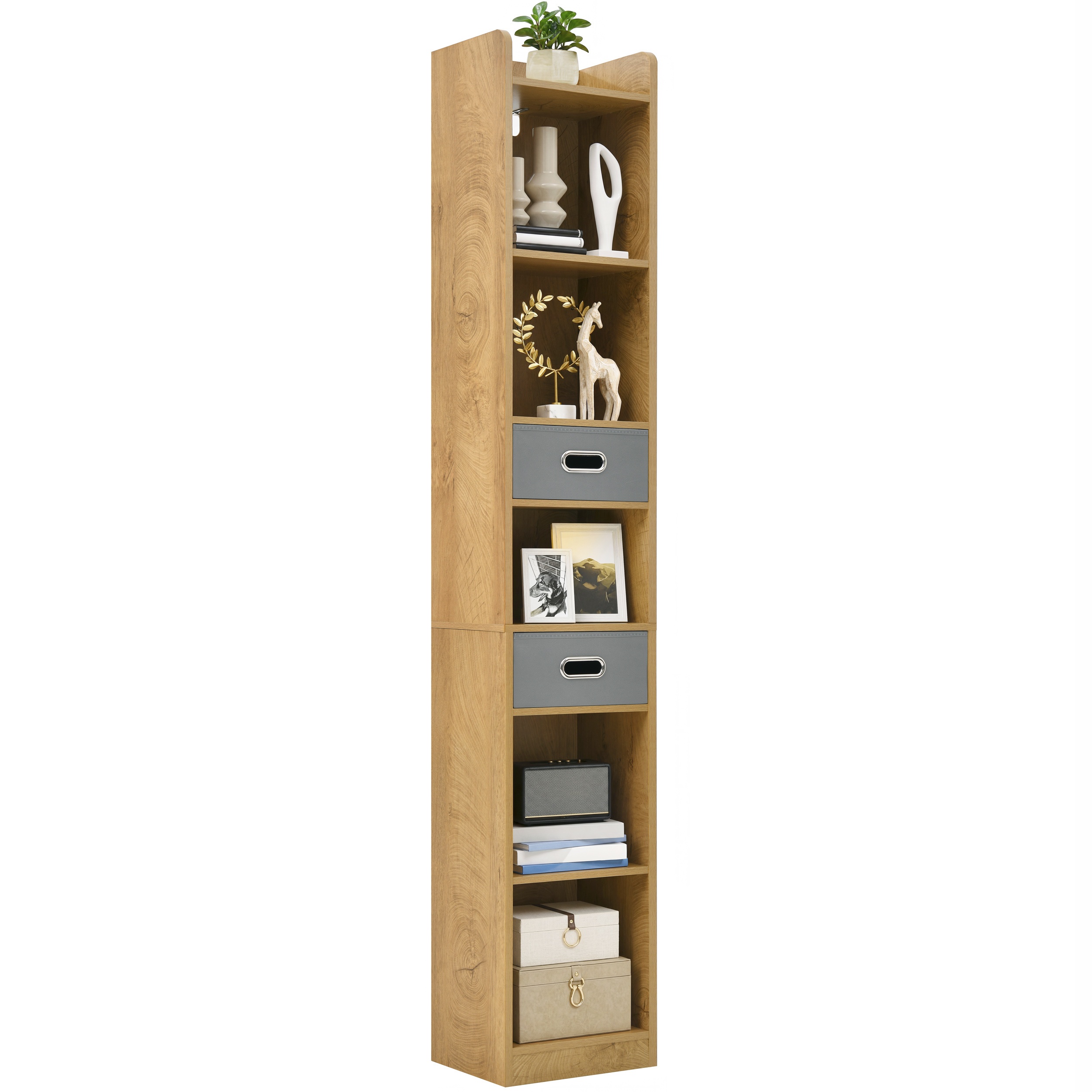 Image of Tall Narrow Corner Bookcase, Freestanding 5-tier Display Shelf With 2 Fabric Drawers, Mdf Board, Oak Color, 30 X 24 X 180cm For Bedroom, Living Room & Office, Standing Shelf