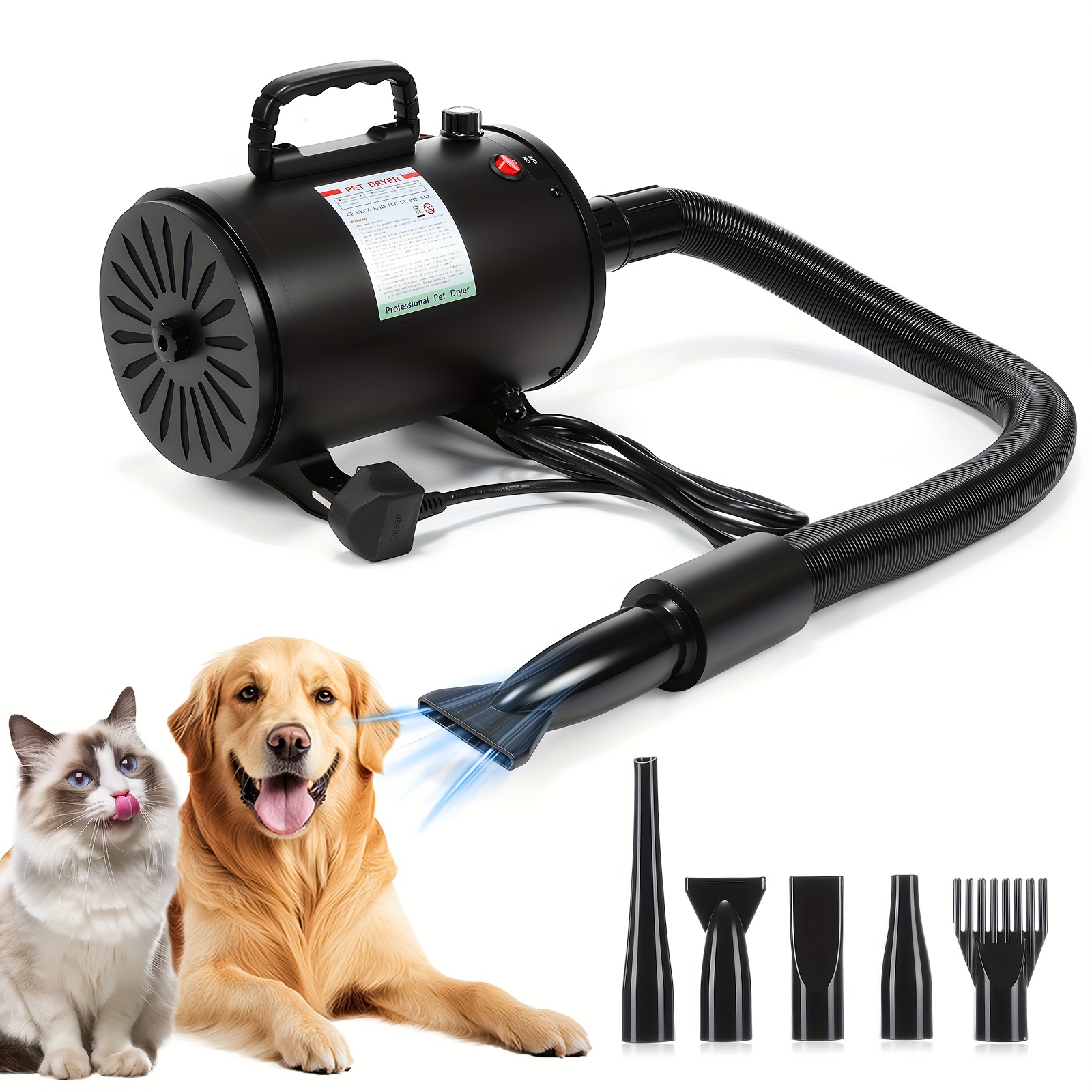 TEMU Dog Hair Dryer, 2800w Pet Grooming Hair Dryer, Blaster Dryer, High Velocity Dog Dryer Pet Dryer Blower With 5 Different Nozzles, Hair Dryer For