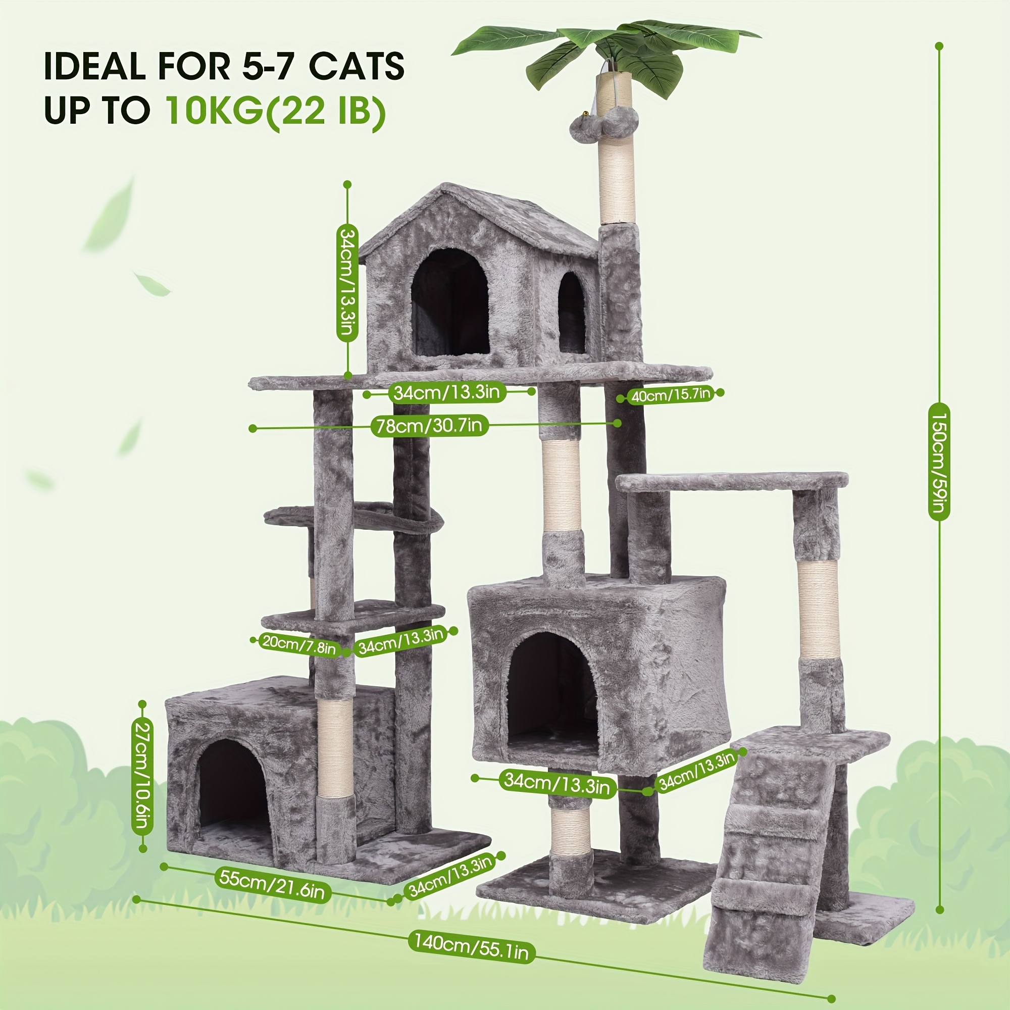 E-shop 59" Robuster Katzenbaum für große Katzen, mehrstöckige Katzenstruktur, Katzen Spielcenter, Katzenmöbel mit geschlossenen Kratzstämmen, weichem