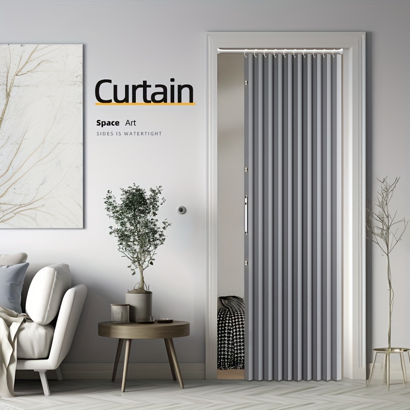 

1pc Rodless Magnetic Folding Door Curtain With Removable Magnetic - Blackout, Waterproof, Striped Design For Bedroom, Living Room & Sliding Doors - , Home Decor