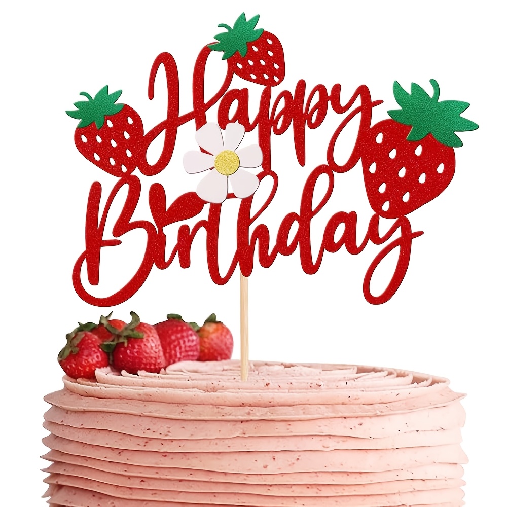 Image of 1pc Strawberry Happy Birthday Cake Topper With Glitter Theme Birthday Berrry Cake Pick Decorations For Strawberry Theme Birthday Party Cake Decorations Supplies，halloween，christmas