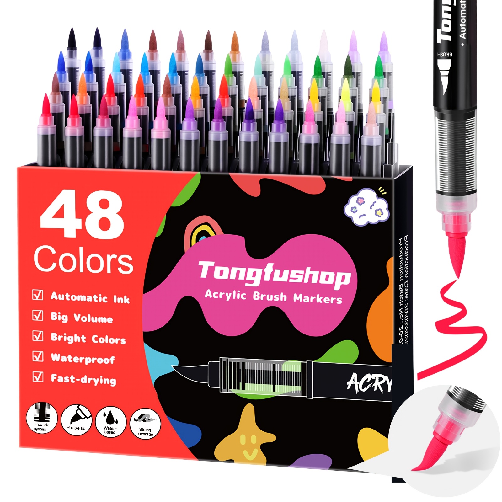 TEMU Tongfushop 48 Single Tip Acrylic Paint Pens, Professional Art Supplies, Waterproof, Brush Tip Acrylic Paint Pen Set, Quick-drying Acrylic Marker