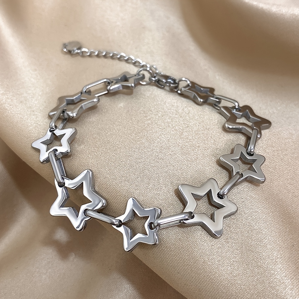 Image of Punk Chunky Hollow Stars Thick Chain Stainless Steel Bracelets For Women, Fashion Golden Stars Wrist Jewelry Gift, Party Gift, Christmas Gift, Valentine's Day Gift