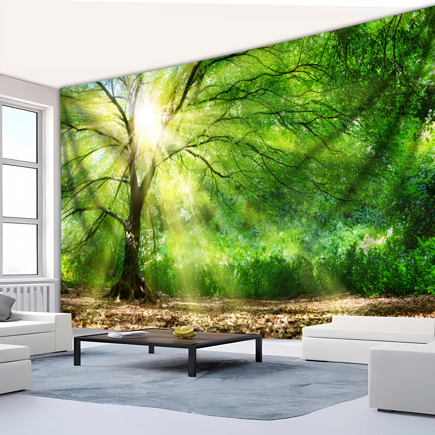 TEMU Extra-large Sunshine Forest Landscape Tapestry - Polyester Wall Hanging For Living Room, Bedroom, Office & Party Decor - With Free Clips