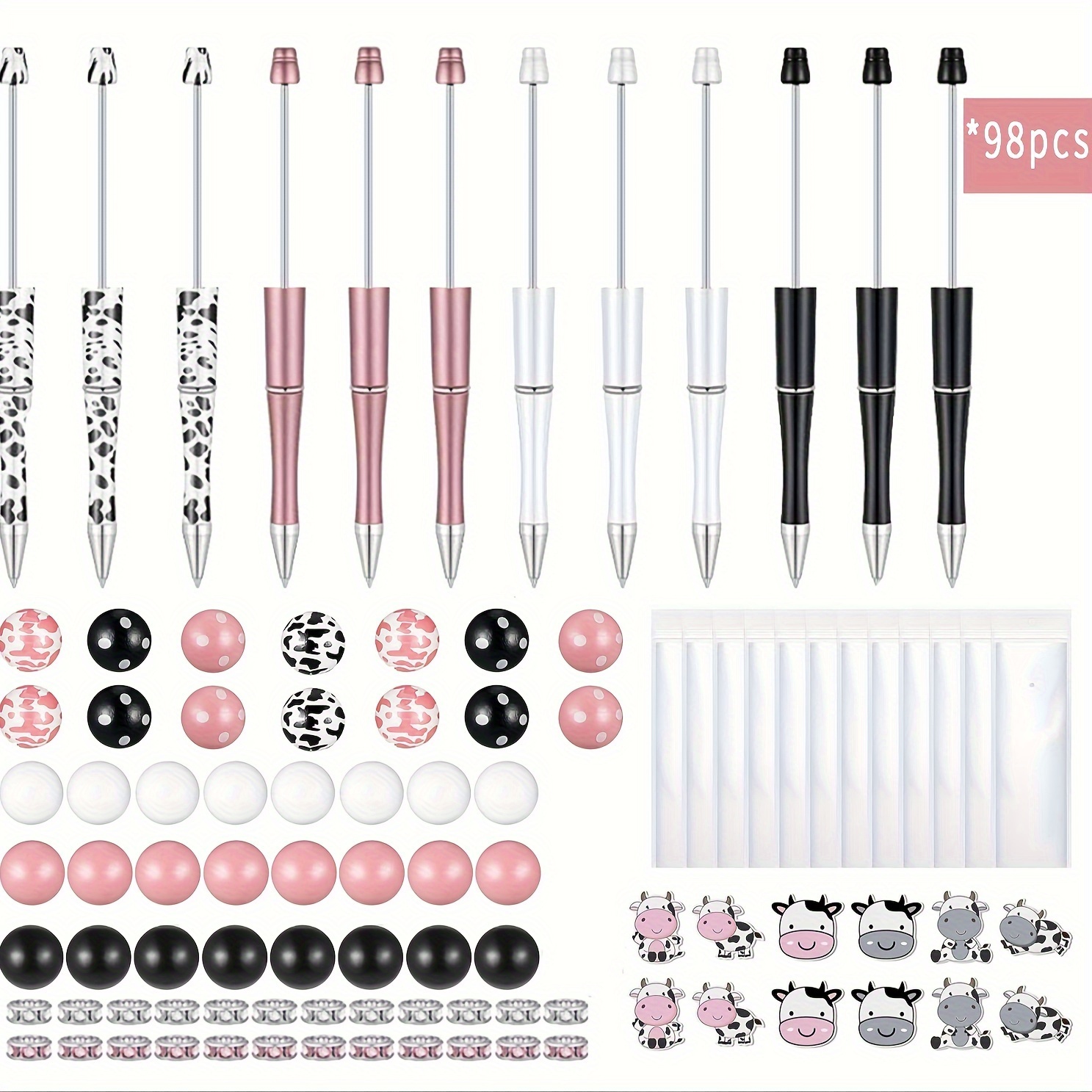 Image of 98pcs Cow Wooden Bead Pen Craft Kit Combo, Including 12 Pens, 38 Round Wooden Beads, 12 Cow Wooden Beads, 24 Spacer Beads, And 12 Pen Bags, Black Ink Ballpoint Pen Craft Office School Gift