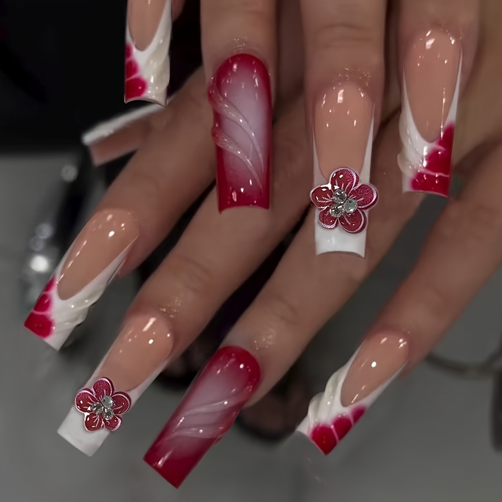 TEMU 24pcs Long Square Press-on Nails, Nude White French Tips With Red Gradient , 3d Red Flower Charms Decor, Glossy Translucent Elegant Fake Nails,