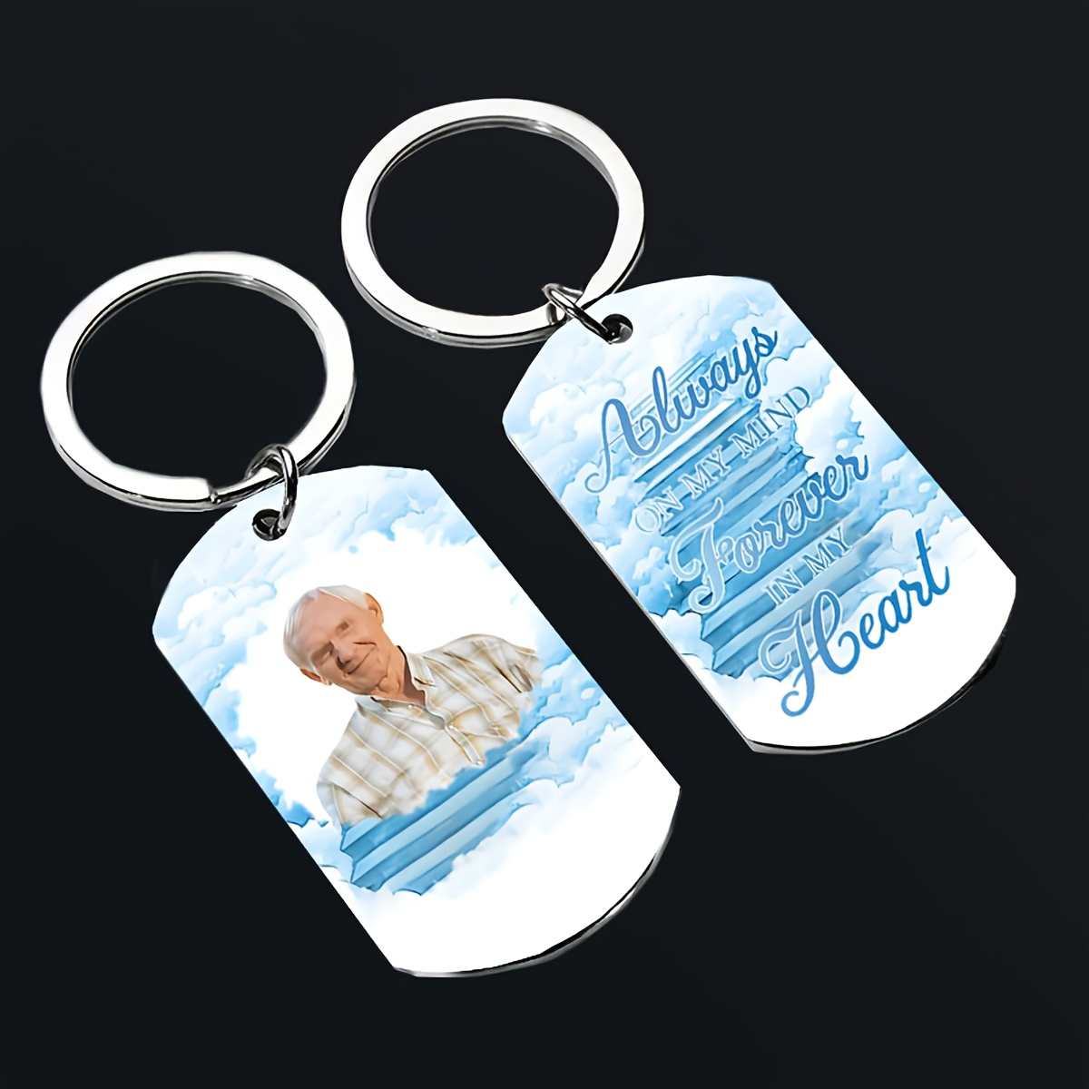 

Personalized Stainless Steel Keychain - Double-sided Memorial Photo & Pet Tag, Valentine's Day, Birthdays & Sympathy Gifts (blue Design), Funeral, Gift, 1.1x1.8in