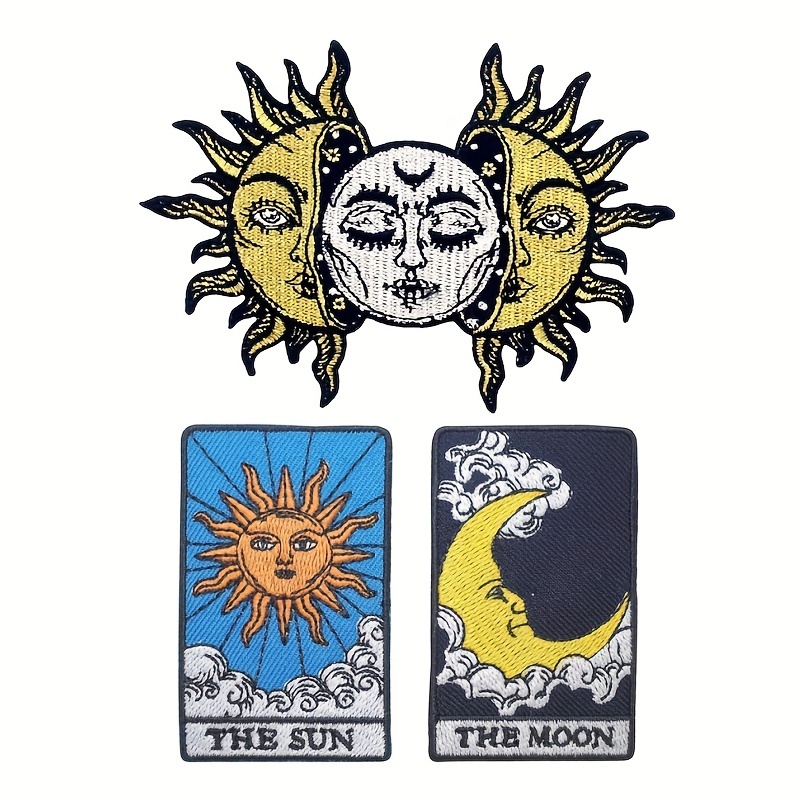 

3pcs Sun And Moon Embroidered Biker Patches For Men, Sun And Moon Card Iron On Patches For T-shirt Jeans Shoes Caps Case Bag