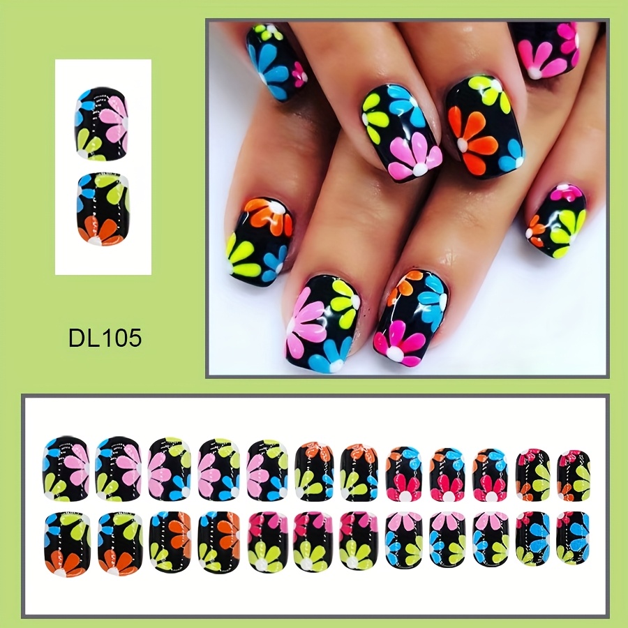 Image of 24pcs Spring Floral Press On Nails - Black With Colorful Flowers, Short Square Glossy Fake Nails, Removable False Nails With Jelly Glue & Nail File Sticks For , At Home Manicure, , Diy Manicure