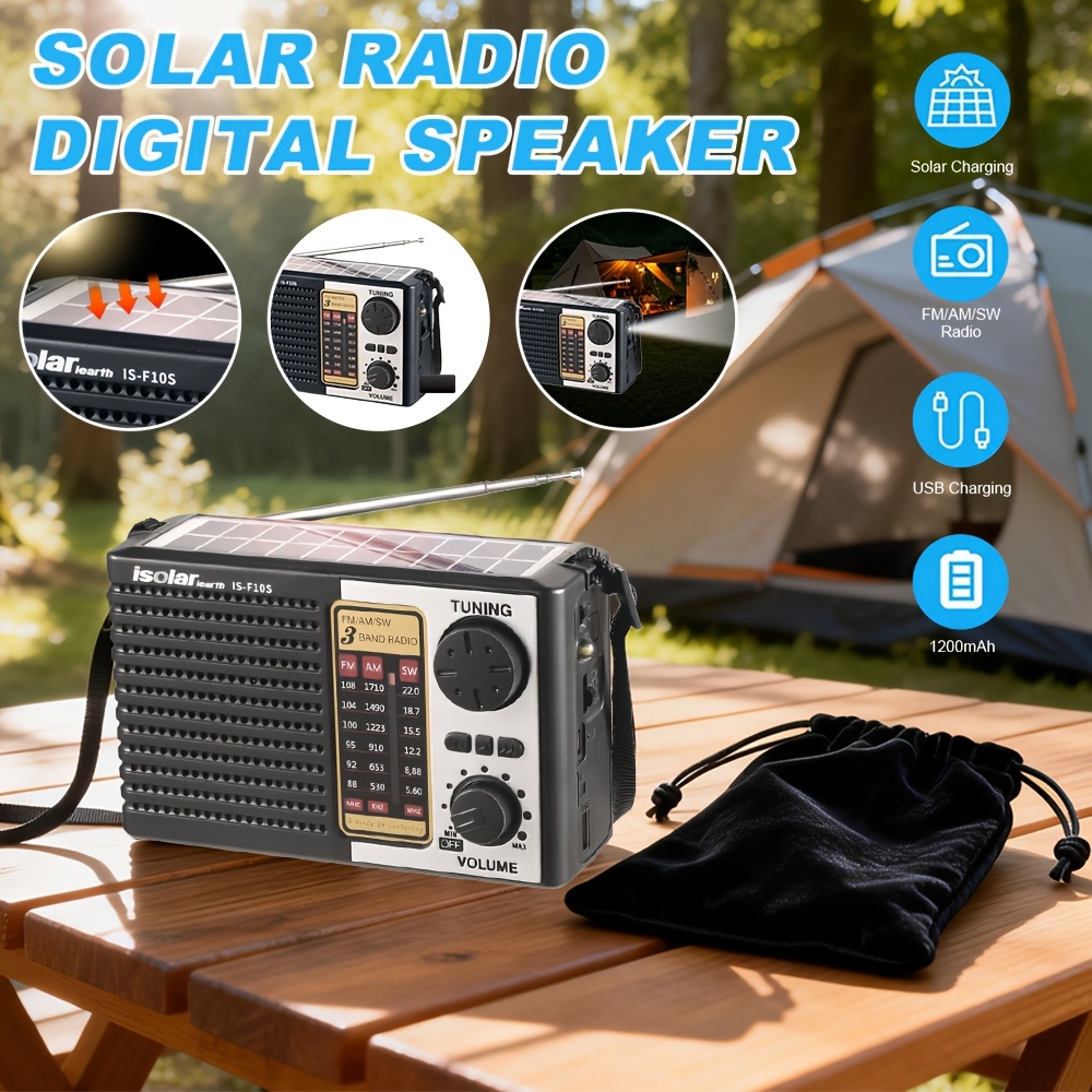 TEMU Radio solaire portable FM/AM SW, haut-parleur numérique, lecteur MP3, lampe de poche rechargeable, 'extérieur, de voyage, gadget moderne, design