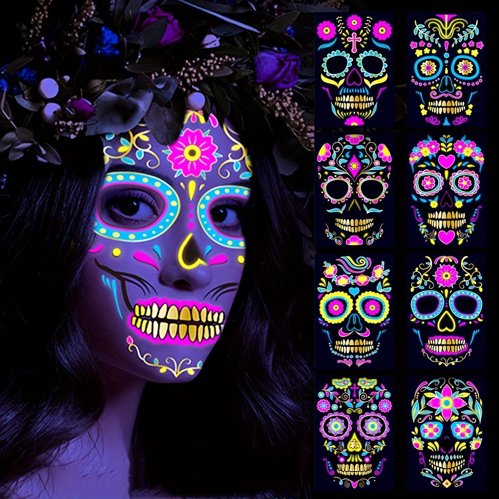 

1pc/4pcs Glow In The Dark Metallic Golden Day Of The Dead Sugar Temporary Tattoos Stickers, Neon Tattoo Decals - Floral & Skeleton Designs