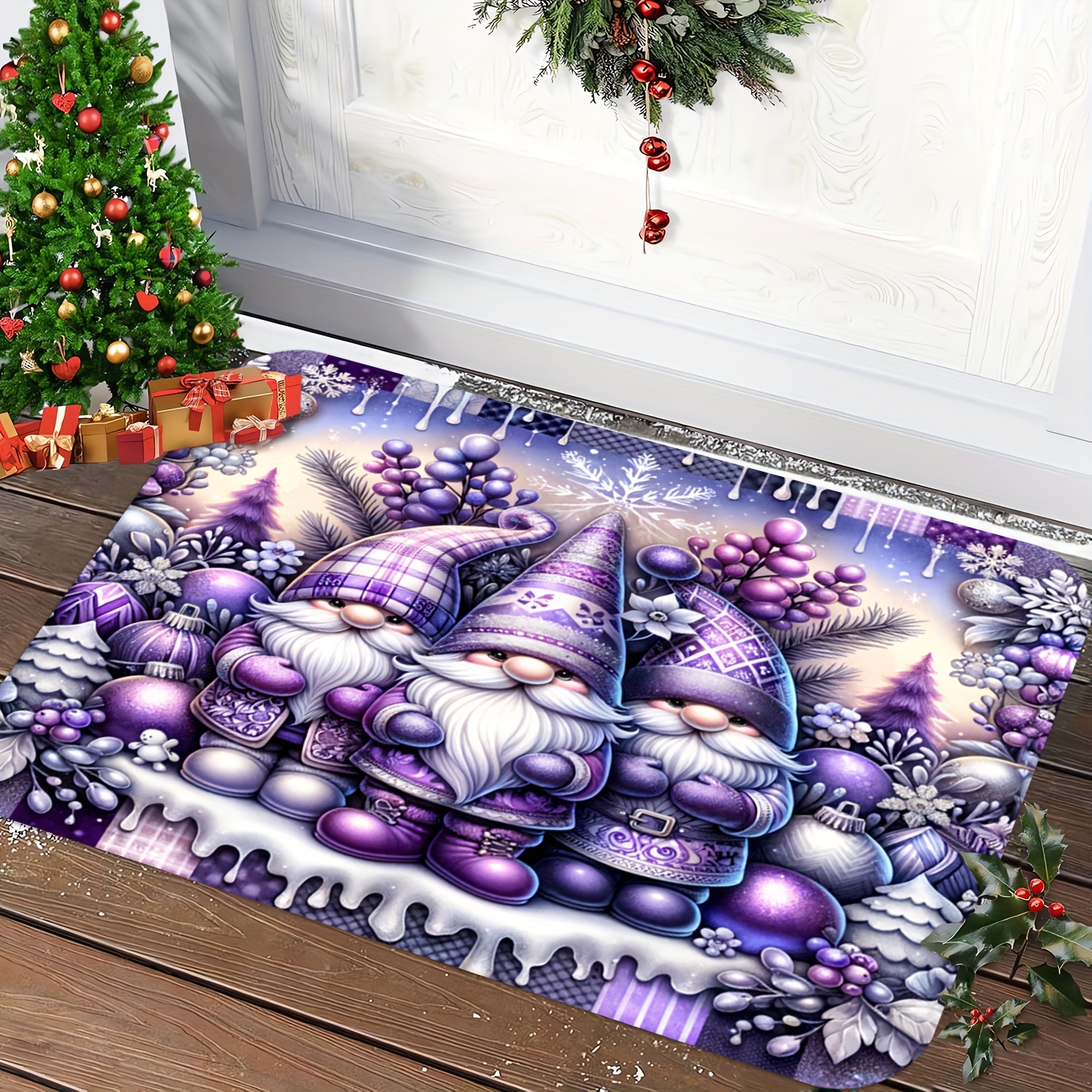 TEMU Cozy Purple Gnome & Bell Christmas Door Mat - Machine Washable, 0.47" Thick Flannel, Festive Holiday Design With Snowy Landscape & Gift Boxes,
