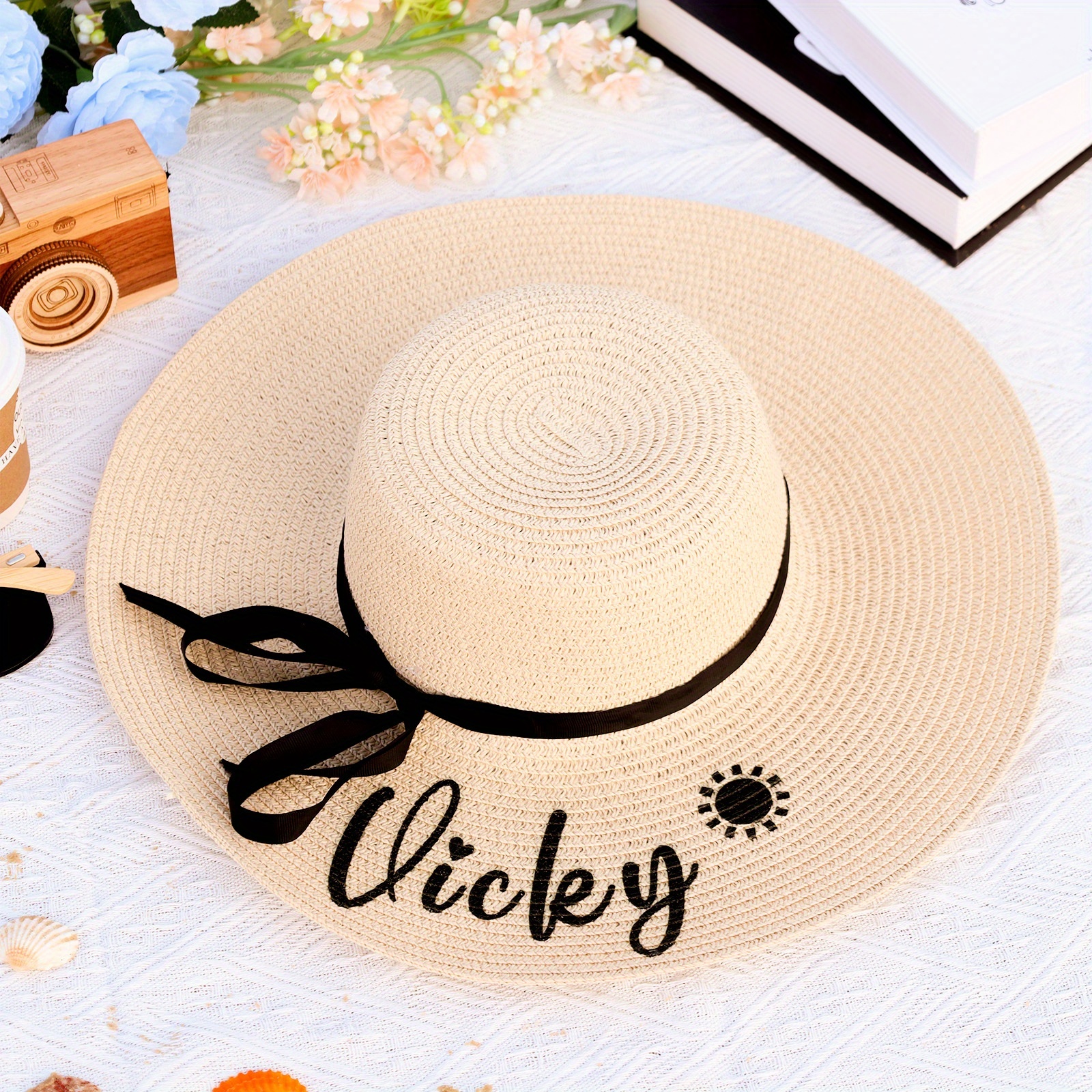 TEMU Custom Wide-brim Straw Hat With Name - Add !, Suitable For Beach, Outdoor Travel And Social Gatherings, Wedding/birthday/valentine's Day Women's