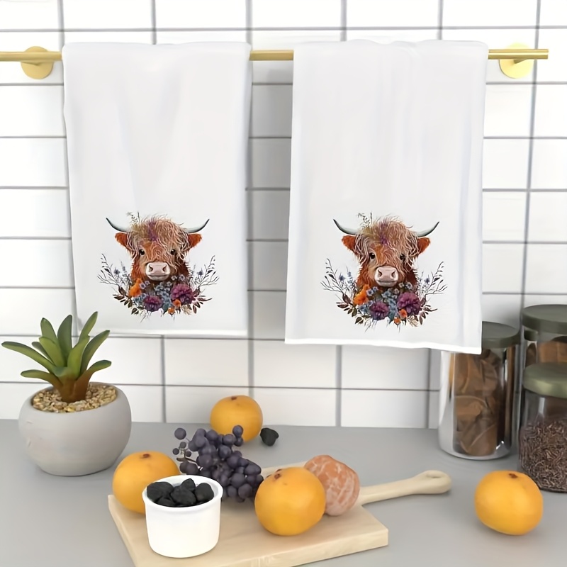 E-shop 2 Stück Niedliche West Highland Cow Druck Handtücher, Mikrofaser Moderne Saugfähige Geschirrtücher, Kochen Backen Teehandtücher, Spültücher,