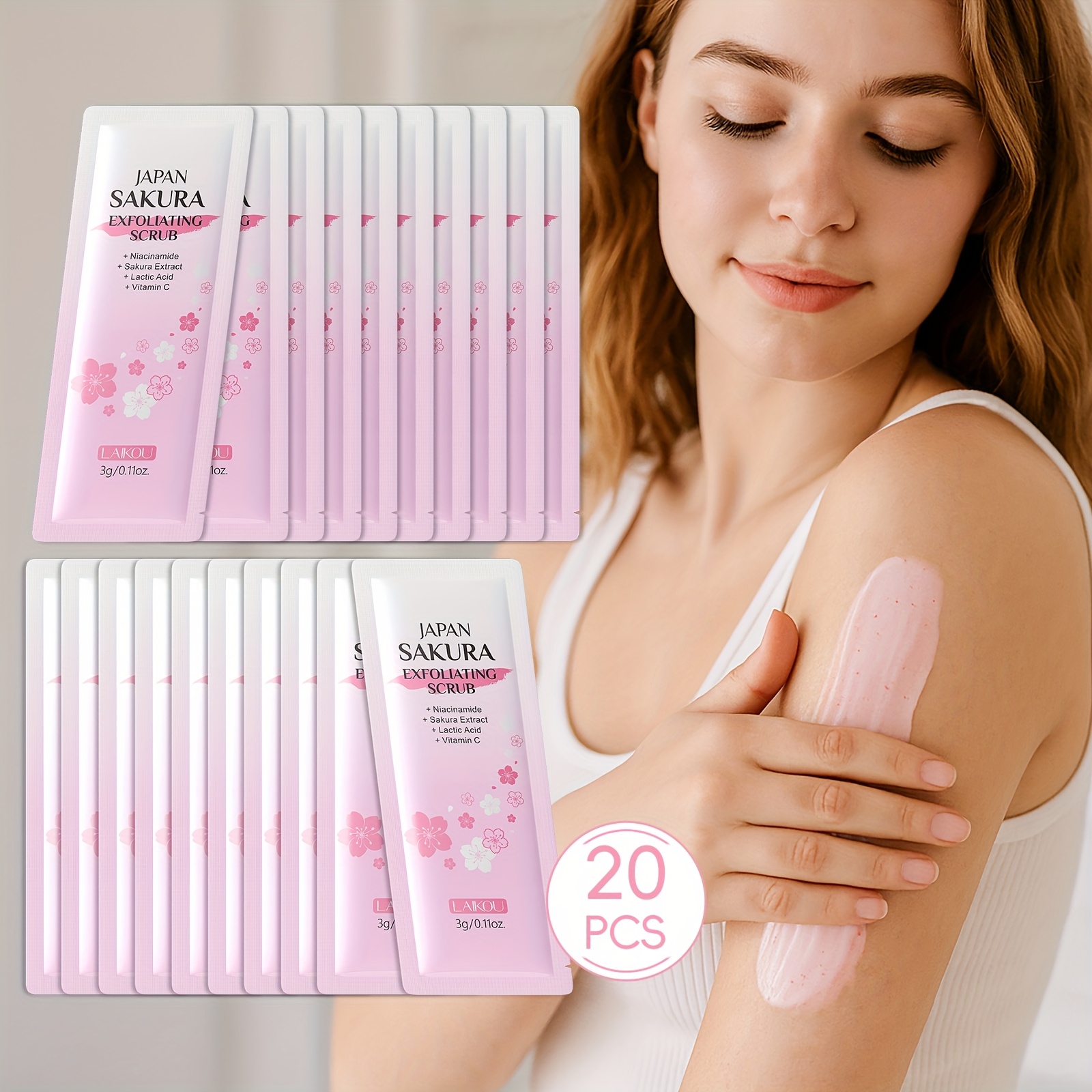 Image of 20pcs Laikou Sakura Scrub 3g, With Niacinamide & Vitamin C, , , Portable For Travelling, Suitable For Types