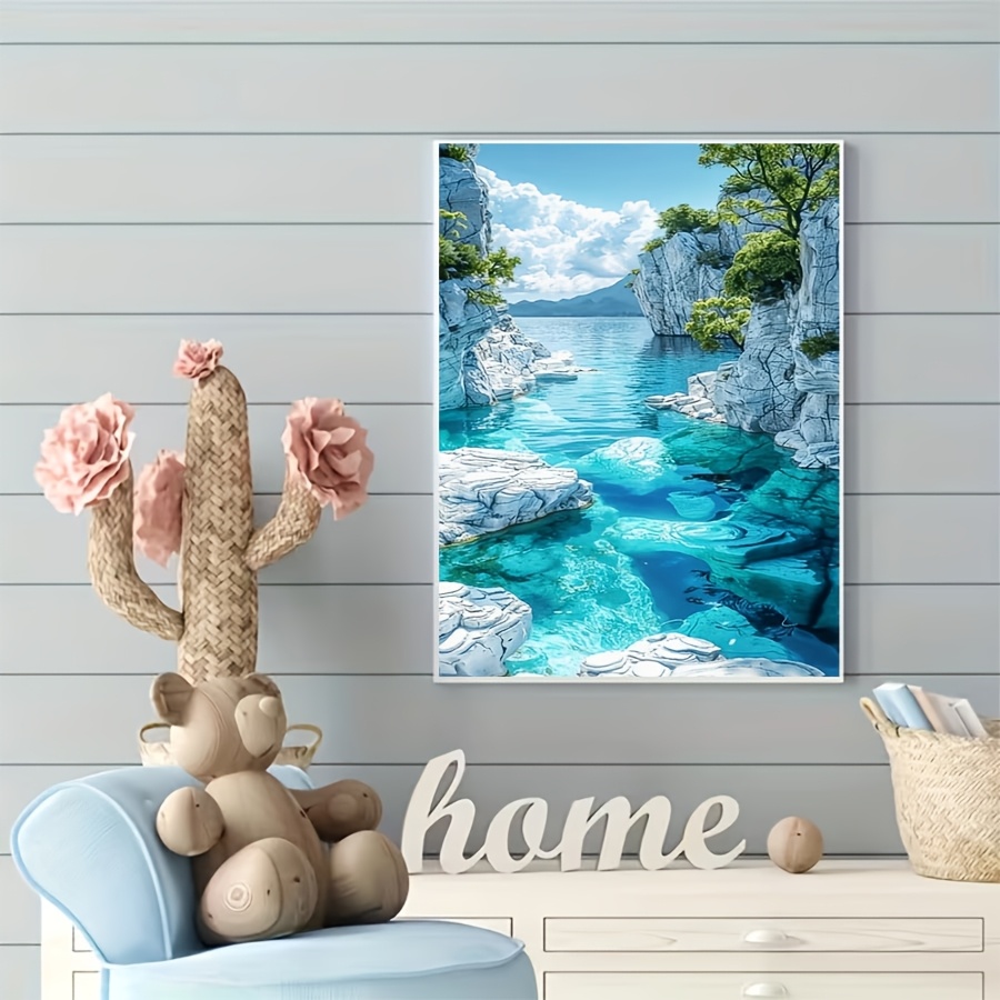 TEMU Nouveau kit de peinture diamant 5D à faire soi-même - Paysage de baie avec sur En bleue, Œuvre d'art acrylique à strass ronds complets, Peinture