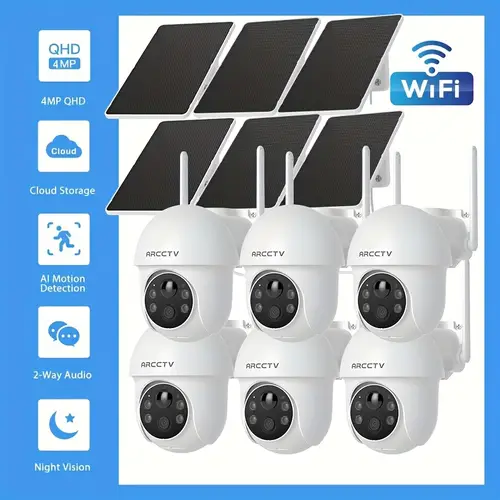 6pcs arcctv battery powered outdoor camera 4mp 5ghz 2 4ghz wifi solar wireless ptz 355 coverage pir detection 2 way audio