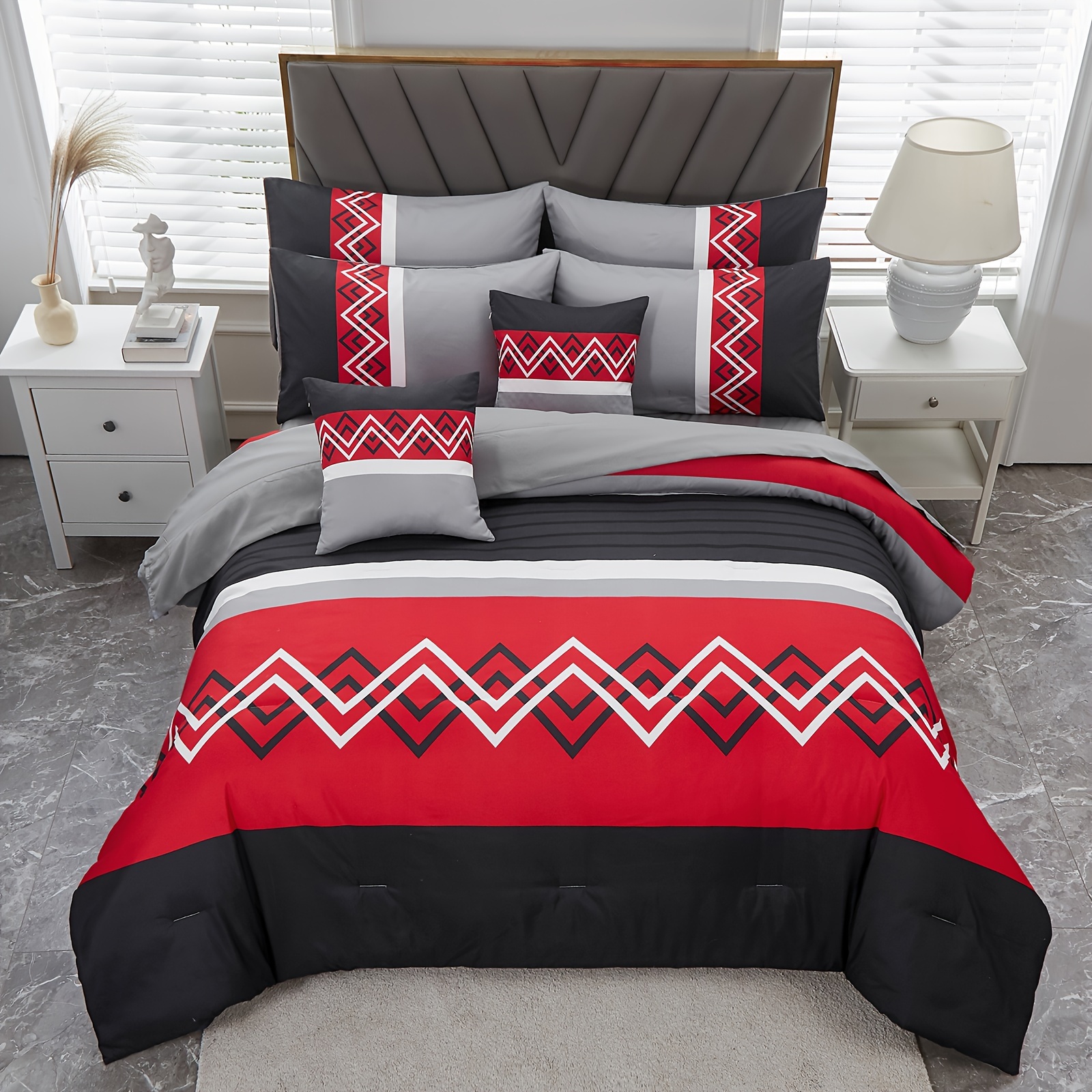 

6pcs Red Patchwork Stripe Quilt Set (1*quilt + 1*flat Sheet + 1*fitted Sheet + 3*pillowcase Without Filler), Patchwork Stripe Quilt And Sheet Set, 4 Seasons Bedding Set