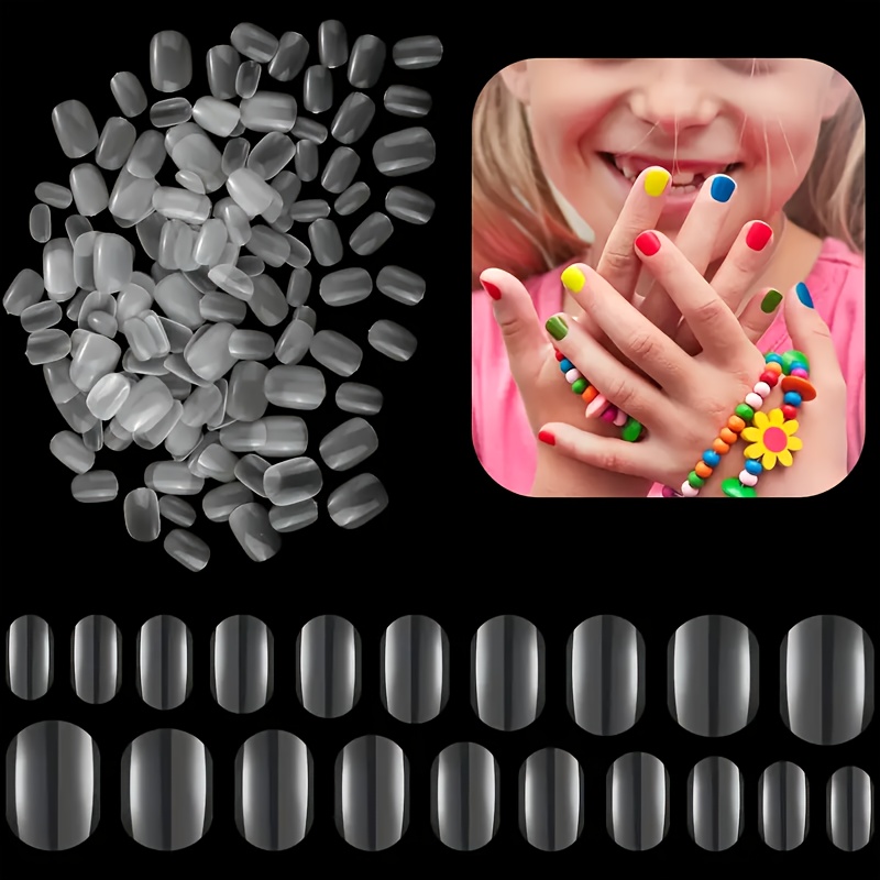 

600pcs Oval Short Acrylic Nail Tips For Kids, Cover False Nails, Artificial Fingernail Set, 10 Sizes, Transparent Nail Art For Little Girls