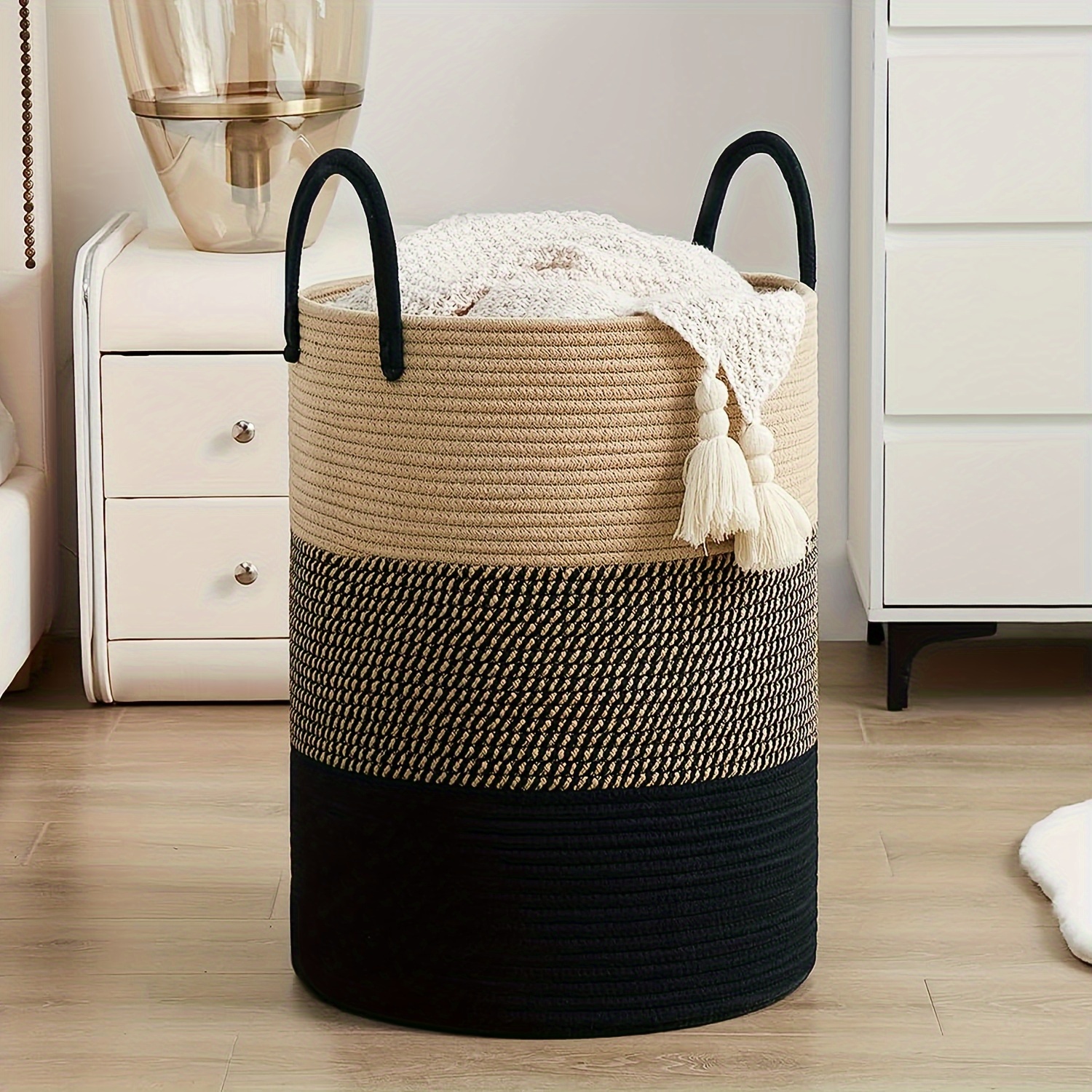 Image of 1pc Laundry Hamper, Dirty Clothes Storage Bag & Basket - Tall Rope Blanket Organizer With Handles, 15 X 20 Inches For Living Room And Bedroom (hemp ), Laundry Baskets
