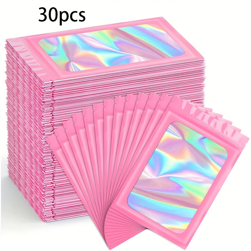 30pcs Pink Holographic Smell-proof Polyester Zip Bags, Transparent Reusable Sealed Mylar Pouches For Lip Gloss, Jewelry, Lashes, Gifts For