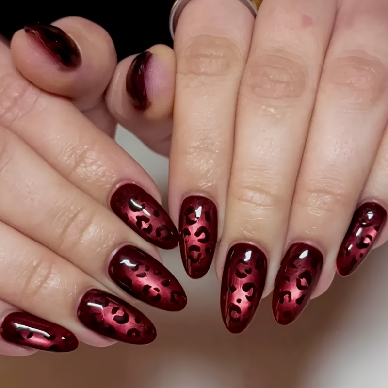 TEMU 24pcs Cat Eye Press On Nails Medium Almond Wine Red Print Glossy Edgy Chic Fashion Fake Nails Full Cover Reusable Handmade False Nails For Women