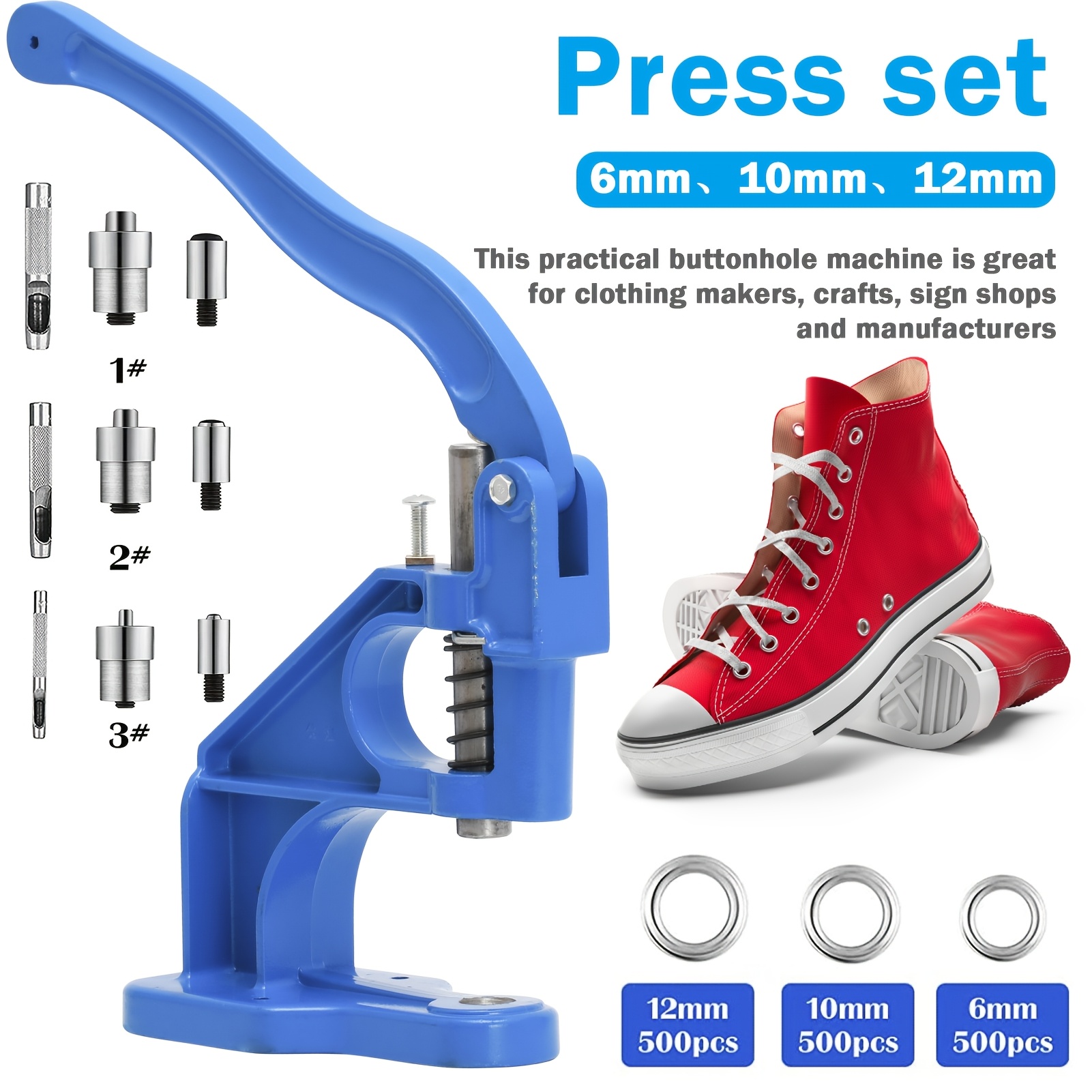 TEMU Grommet Tool Kit, Hand Press Grommet Machine Grommet Tool Kit Heavy Duty Grommet Press With Punch Hole Tools Additions 3 Sizes Grommets Dies