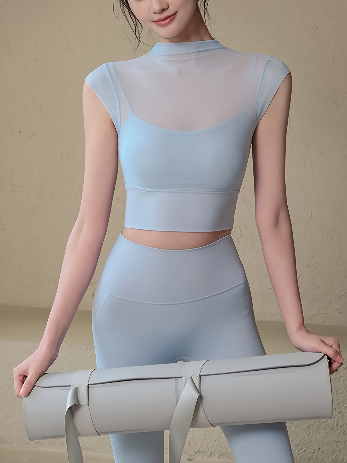 two piece set womens spring summer autumn mesh thin yoga tight top and leggings elegant outerwear fitness short sleeved pilates training outfit details 5