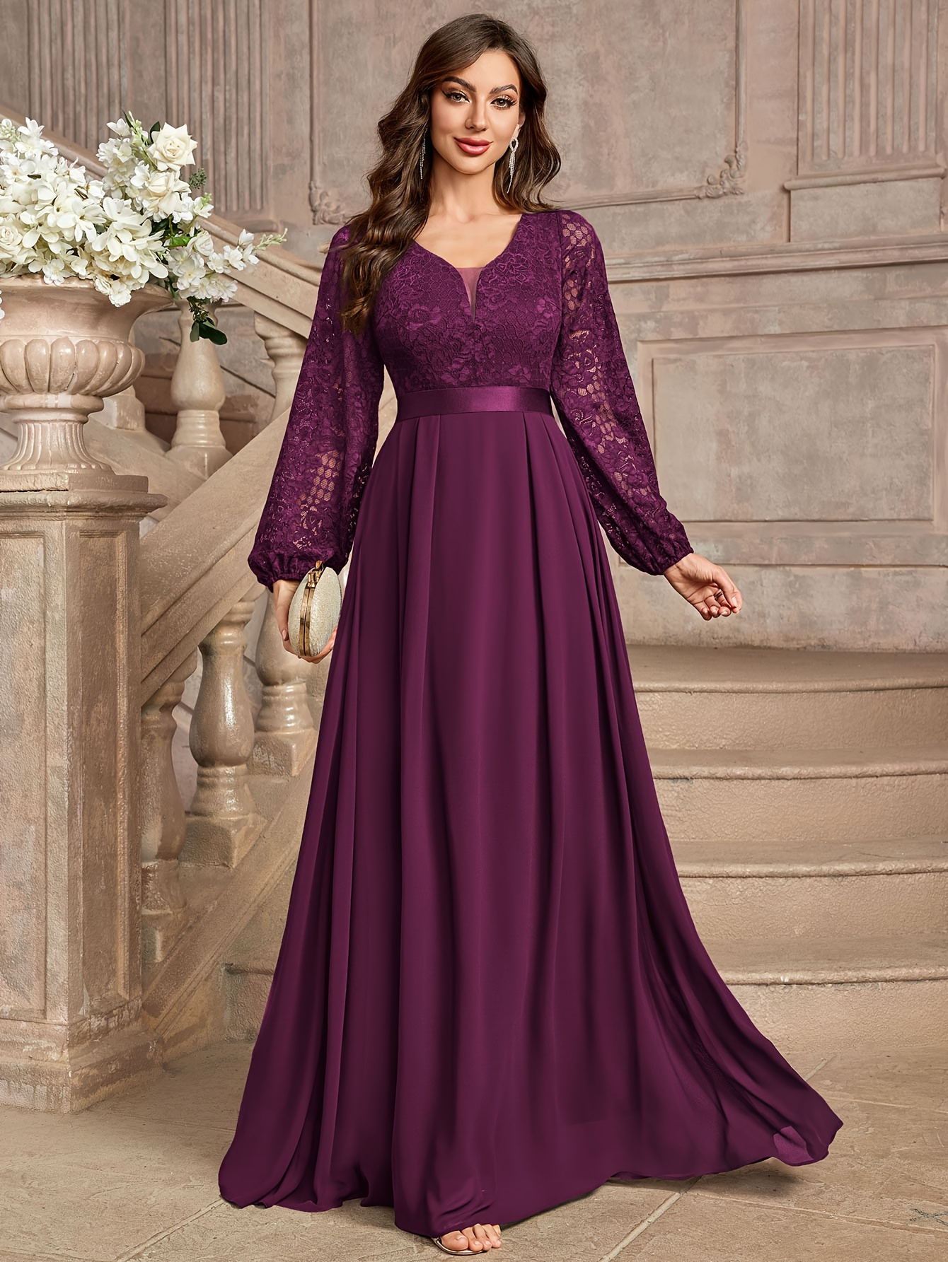 knee length dresses for ladies Romantic Bell Sleeve Plunging Flower Lace Wedding Dress Light Ivory