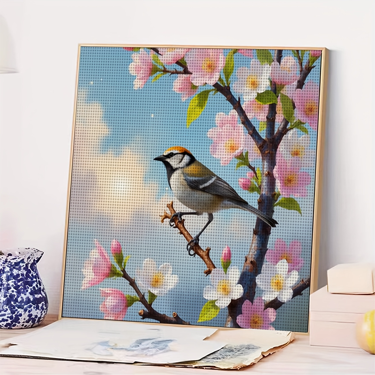 Cross-Stitch Kit Featuring Design of A Bird on a Branch